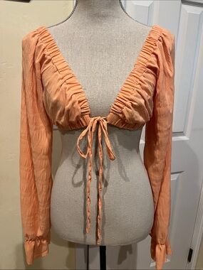 SHEIN Peach Ruched Long-Sleeve Tie-Front Crop Top
